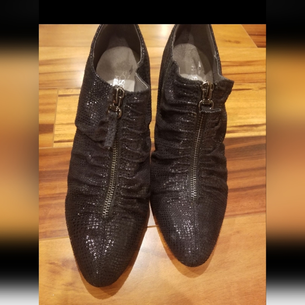 Aerosoles snakeskin shimmer zip booties.